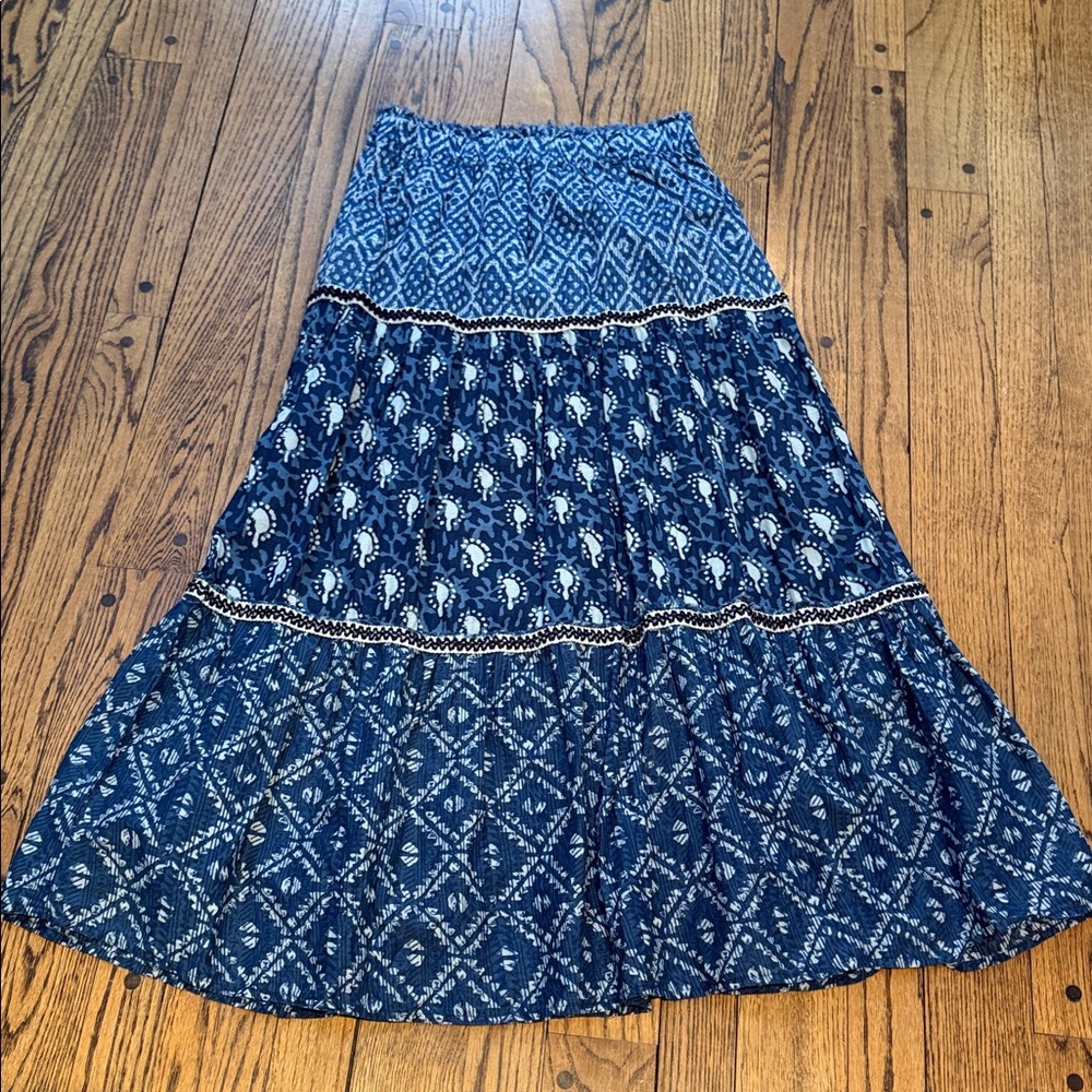 Zara sz XS Blue print tiered maxi skirt mix media embroidered boho